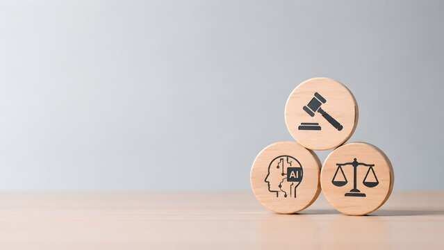 Artificial intelligence legal regulation concept with wooden tokens displaying AI brain justice scale and court gavel icons