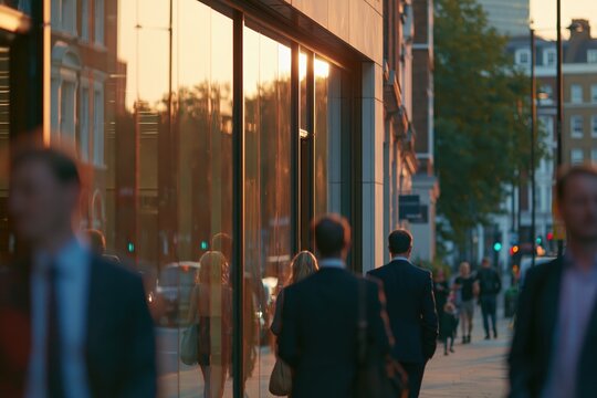 People walk along a city street during sunset near office buildings with glass windows reflecting warm colors