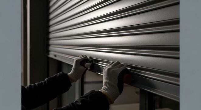 Hands closing a heavy industrial metal rolling shutter.