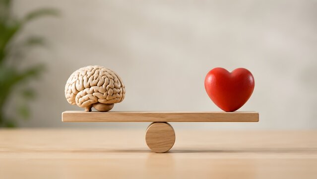 Emotional and rational decision making concept with brain and heart symbols balanced on wooden scale