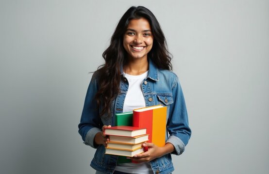 Young Indian woman with books. Happy student smiles wearing denim jacket. University girl holds textbooks. Education and knowledge concept. Female learner ready for class.