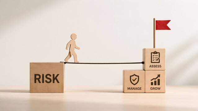 Business risk assessment and growth strategy concept with a figure walking across a tightrope towards success and management goals