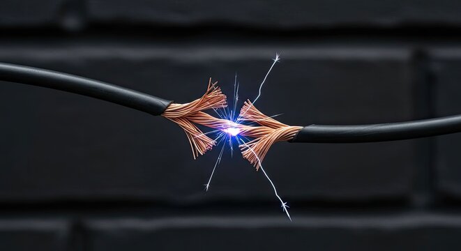 Severed electrical cable with flying sparks.