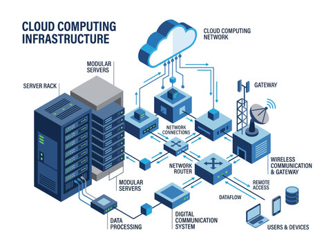 Isometric view of cloud computing infrastructure with data servers and network devices