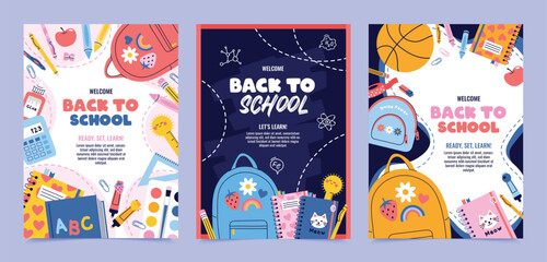 Back to School Posters Templates Set Flat Stationery Frame © Gabriela Popova