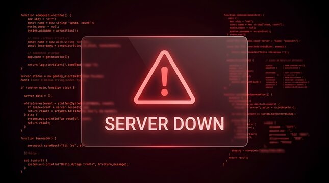 IT system server down dashboard with network nodes representing critical infrastructure failure and diagnostic monitoring