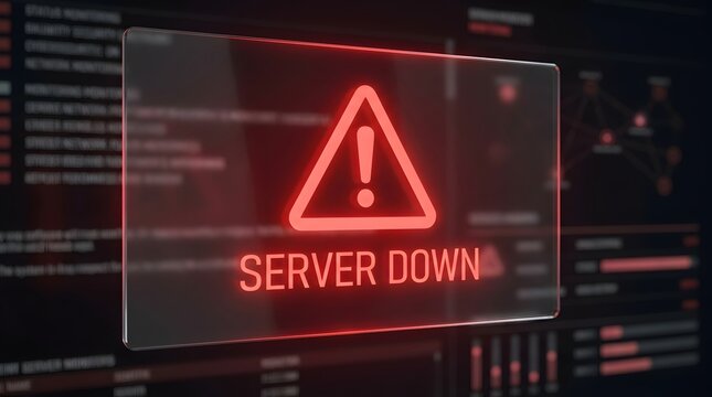 Digital server down warning interface representing network connectivity failure and critical system monitoring for IT operations
