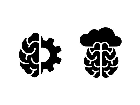 Black and white illustration of brain with gear and cloud symbol