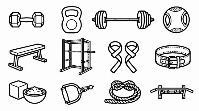 Collection of gym equipment icons including barbell dumbbell kettlebell and weightlifting gear in black outline style.