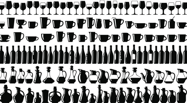 Large set of drinkware silhouettes, wine glasses, coffee mugs, tea cups, glass bottles and kitchen jugs, isolated vector illustration on white background, icons (24 words)