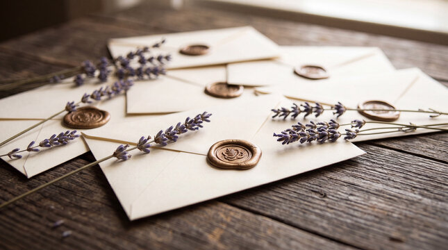Vintage correspondence with cream colored envelopes, wax seals, and dried lavender sprigs on a rustic wooden table for wedding invitations or stationery