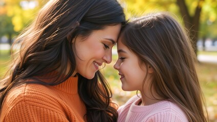Fototapeta premium Mother and daughter touching foreheads and smiling in an autumn park. Close up portrait of happy family bonding outdoors. Woman and child wearing warm sweaters