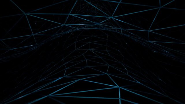 Abstract blue plexus network structure with polygonal wireframe grid and lights moving in the dark. Digital geometric connection system background for modern science technology. Seamless loop 4K 60fps
