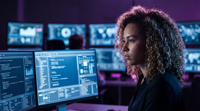 Young female software engineer working with complex programming code and data analytics on multiple computer monitors in a dark high tech control room