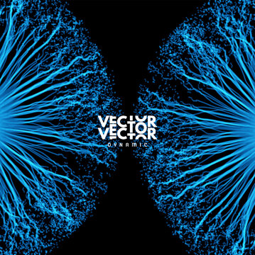 Point explode. Array with dynamic emitted particles. 3d technology style. Abstract background. Vector illustration for brochure, poster, cover, card, presentation, flyer or banner.