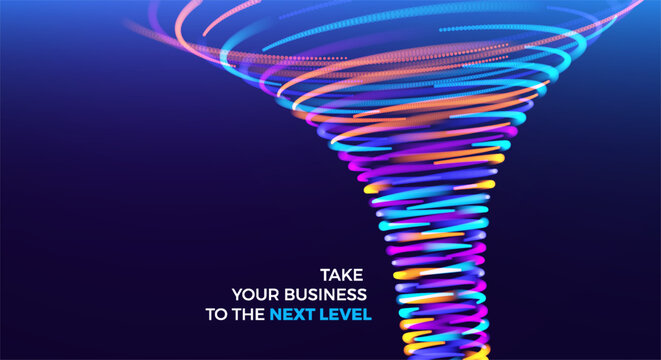 A swirling funnel of big data. Concept of moving to the next level toward a new goal. A vortex in neon colors and a glowing effect. A flow of ascending energy. Vector for poster, cover, presentation.