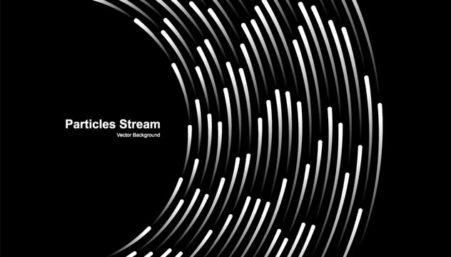 Curves swirl in concentric motion. Black and white. Motion transmits energy. Big data. Particle flow. 3D illustration for brochure, poster, cover, card, presentation, flyer or banner.v