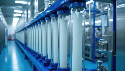 Fototapeta premium Modern water filtration system with transparent cylinders and blue metal parts. Large scale industrial purification equipment for clean liquid processing. Advanced water treatment technology.