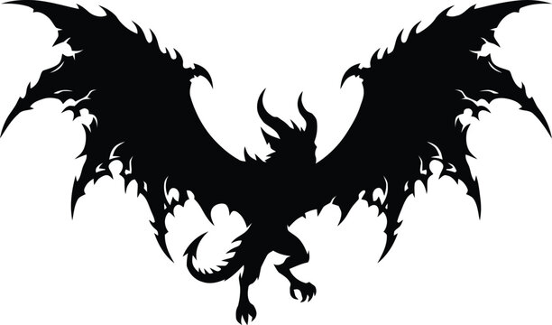 Black dragon silhouette with bat wings flying in open space
