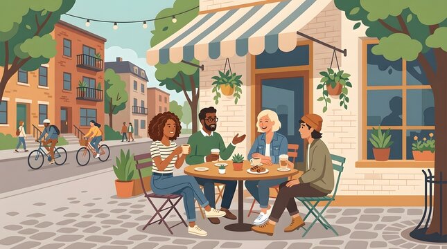 A group of individuals enjoy a leisurely moment drinking coffee inside a charming and inviting cafe setting creating a feeling of warmth and social connection
