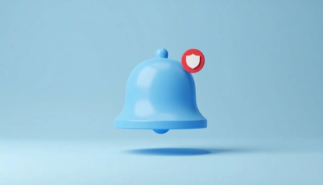 3D notification bell with small shield icon isolated on white backgrou