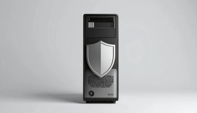 3D desktop tower with shield badge endpoint icon isolated on white bac
