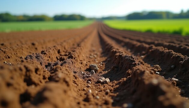 Brown farm field soil with furrows under bright blue sky. Green crops grow in distance on horizon line. Agricultural land prepared for planting.
