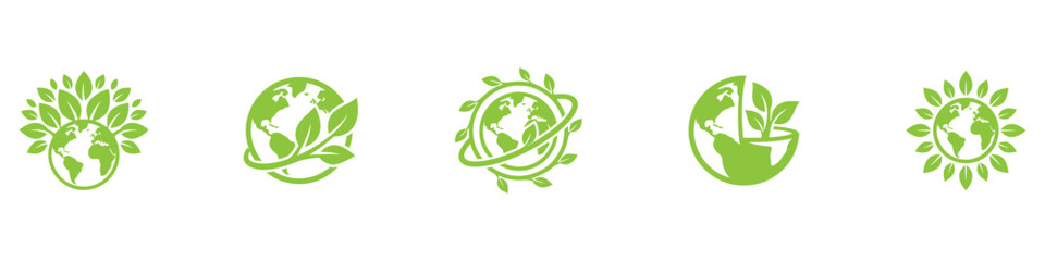 Eco planet Earth icon set. Green environment and nature care logo. Ecology world globe with leaves symbol. Sustainable planet sign. Vector illustration. Vector Graphic. EPS 10 © Jeremy_Show