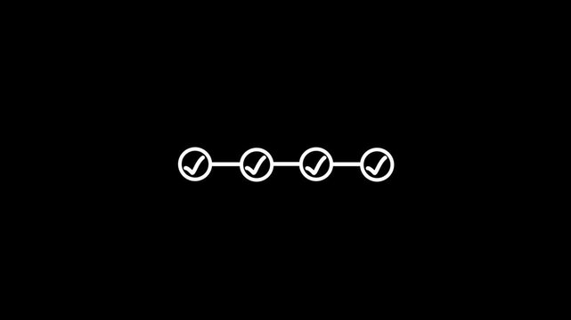 Step Progress Line Checkmark Animation on Black Background Task Completion, Abstract bright check mark icon with step-by-step animation on black background. 4k video