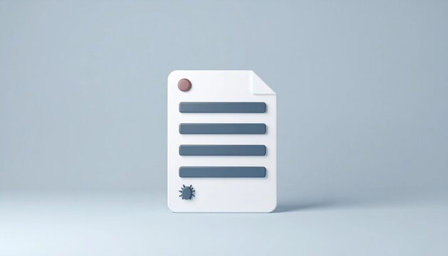 3D document with stacked lines and bug log file icon isolated on white