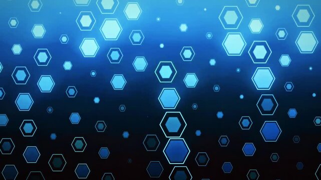 Futuristic glowing abstract hexagon shapes pattern animation moving seamless in blue corporate technology backdrop space. Elegant background wallpaper element for dynamic visual media design.