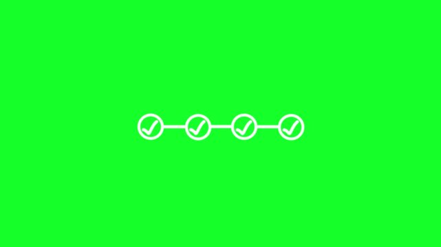 Step Progress Line Checkmark Animation on Black Background Task Completion, Abstract bright check mark icon with step-by-step animation on black background. 4k video