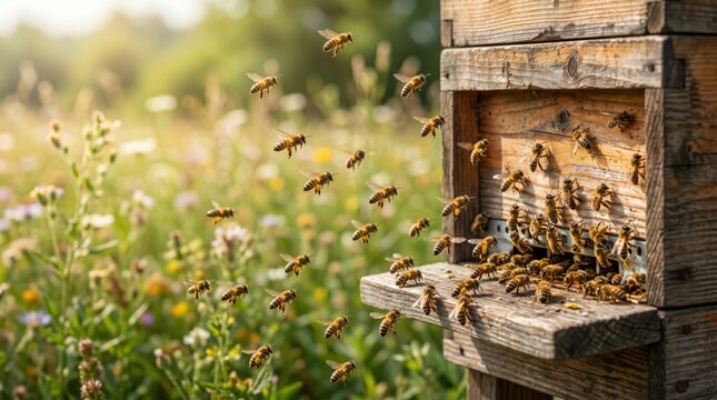 Honey bees flying around a beehive in a flowering meadow, pollination ecosystem, beekeeping activity, biodiversity conservation and honey production concept