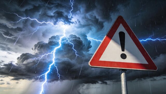 Warning road sign against dramatic thunderstorm with lightning strikes, severe weather alert, storm danger, climate risk and emergency preparedness concept