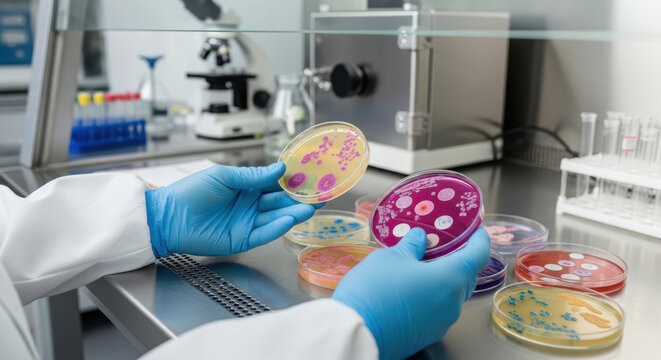 Microbiologist examining petri dish with bacterial culture to study antimicrobial resistance in laboratory environment with scientific equipment