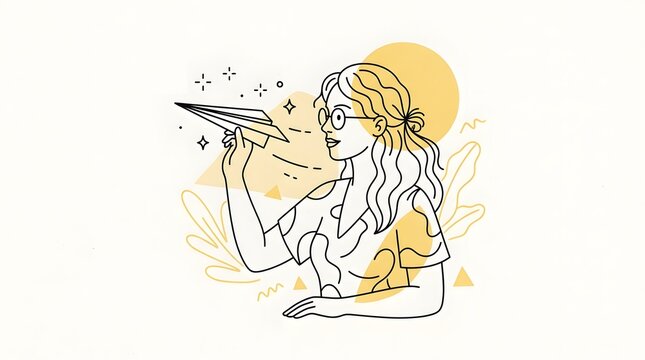 A woman is captured in a moment of peaceful leisure while carefully holding a handmade paper airplane  This image evokes themes of creativity freedom simple joy