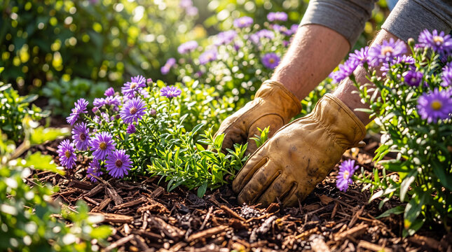 Gardener wearing tan leather gloves planting purple aster flowers in a garden bed with organic wood mulch during a bright sunny spring day