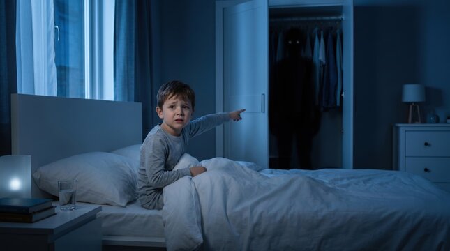 Scared child pointing at a monster in the closet at night. Childhood fears, nightmare concept, fear of the dark, bedtime anxiety, imagination, sleep disturbance and emotional wellbeing
