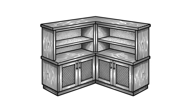 Corner wooden shelving storage unit.