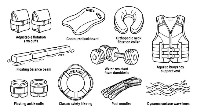 Collection of aquatic safety and swimming pool exercise equipment line art illustrations.