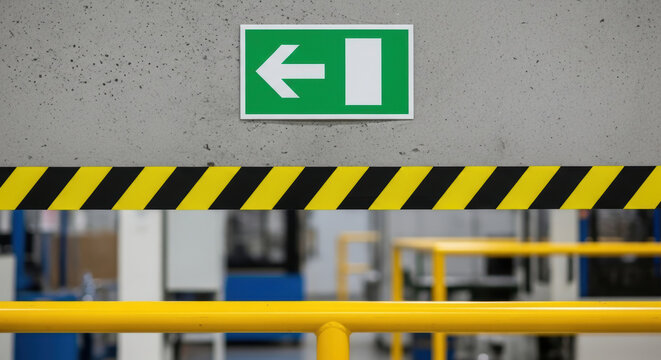 Green emergency exit sign with left arrow above yellow safety railing in factory environment for safety guidance