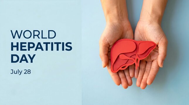 World Hepatitis Day July 28 awareness concept, hands holding red paper liver shape on blue background, medical healthcare liver disease prevention