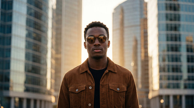 Portrait of a stylish young Black man wearing sunglasses and a brown corduroy jacket standing in a modern metropolitan city center during sunset