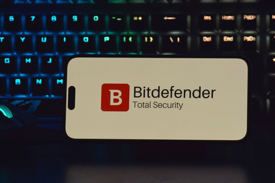 On a mobile phone screen logo BitDefender Corp global computer security software company.