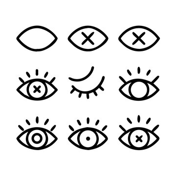Outline eye icons. Open and closed eyes images, sleeping eye shapes with eyelash, vector supervision and searching signs on white background
