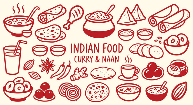 Indian food hand drawn doodle set. red outline sketches, curry bowl, naan bread, samosa, spices, tea. for traditional restaurant menus, cultural culinary flyers. flat line vector art.