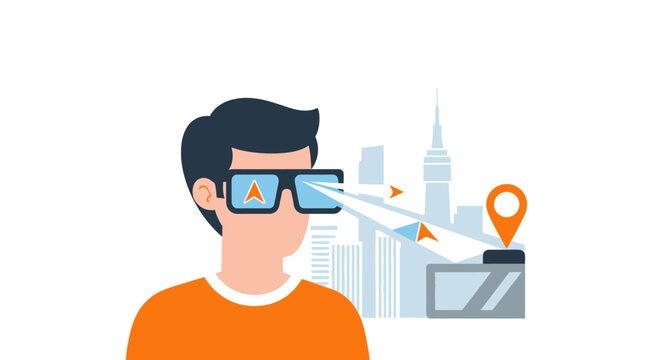 Augmented Reality Smart Glasses Illustration of Man Using AR Navigation and Digital HUD in a Smart City Environment