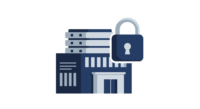 Data Center Security Icon with Server Racks and Padlock - Cybersecurity and Data Privacy Concept Illustration