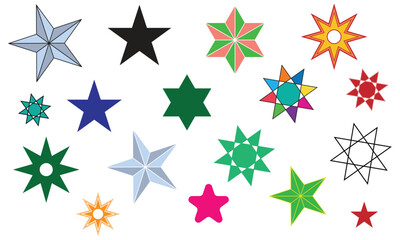 Fototapeta premium Collection of Colorful Geometric Star Shapes Isolated on Light Background, Abstract Star Icons Set with Various Decorative Geometric Designs
