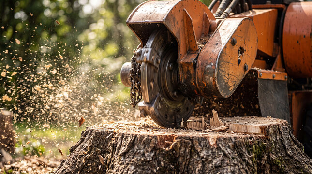 Stump grinder machine cutting a large tree stump with wood chips and sawdust flying in the air during professional garden maintenance work